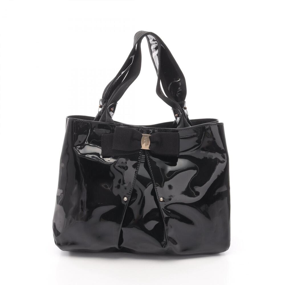 Salvatore Ferragamo Vara Ribbon Tote Bag Patent Vernis Leather Black